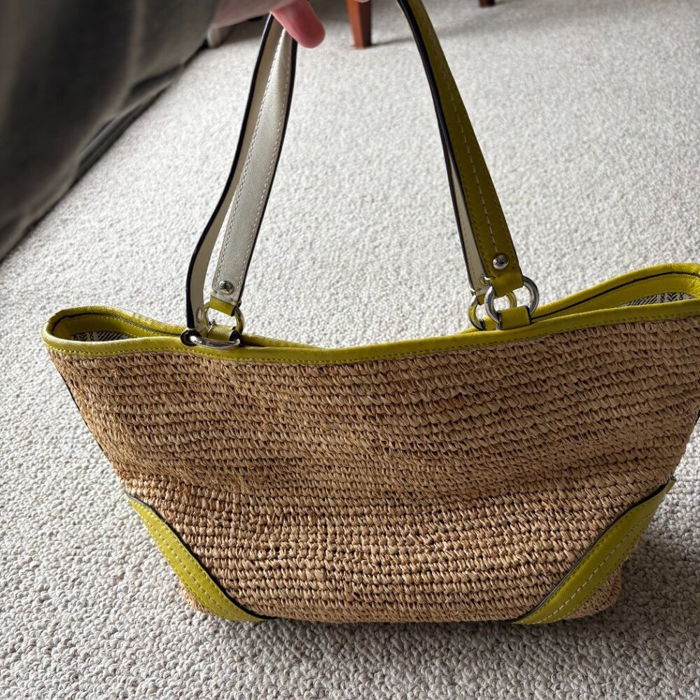 Coach 22904 Vintage Y2K Green Leather + Wicker Raffia Tote Summer Classic Preppy - Picture 5 of 16